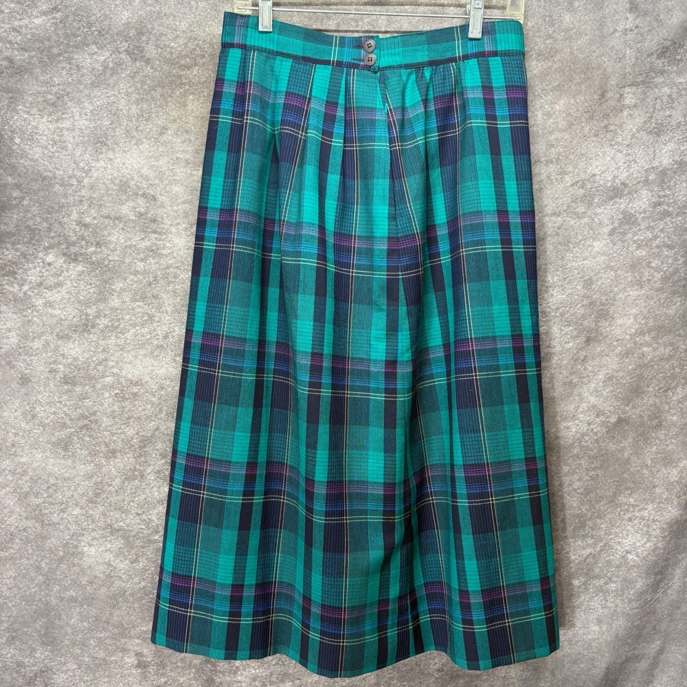 Miss Pendleton Vintage Wool Plaid Midi Skirt Green Teal Navy Size 10 Heritage